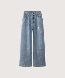 Floral Embroidery Denim Pants
