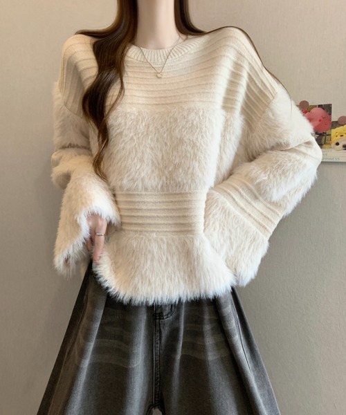 LUCPY（ラクピー）の「シャギー切り替え ボーダーニットプルオーバー（その他トップス・レディース・ホワイト/アイボリー・FREE）」の2枚目の写真