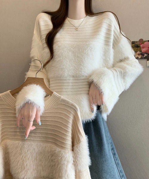 LUCPY（ラクピー）の「シャギー切り替え ボーダーニットプルオーバー（その他トップス・レディース・ホワイト/アイボリー・FREE）」の3枚目の写真