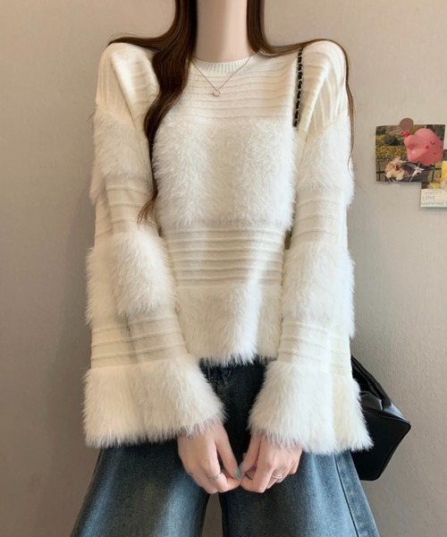 LUCPY（ラクピー）の「シャギー切り替え ボーダーニットプルオーバー（その他トップス・レディース・ホワイト/アイボリー・FREE）」の5枚目の写真