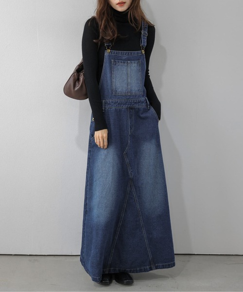 AMELY(エミリー)の「デニムジャンパースカート/ヴィンテージライク/ロング(ジャンパースカート・レディース・ブルー/ダークブルー・フリー)」の1枚目の写真