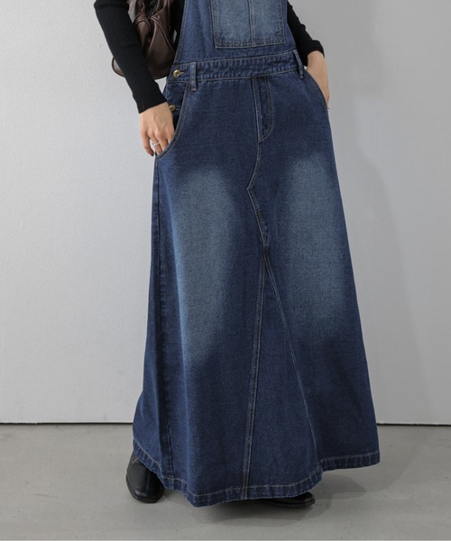 AMELY(エミリー)の「デニムジャンパースカート/ヴィンテージライク/ロング(ジャンパースカート・レディース・ブルー/ダークブルー・フリー)」の11枚目の写真
