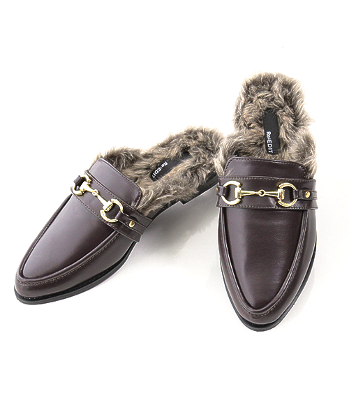 Re:EDIT（リエディ）の「ファー付きバブーシュ/フラットシューズ[Re:EDIT/リエディ]（ローファー・レディース・ダークブラウン/ブラック/ワイン・SMALL/LARGE/MEDIUM/X-LARGE）」の2枚目の写真