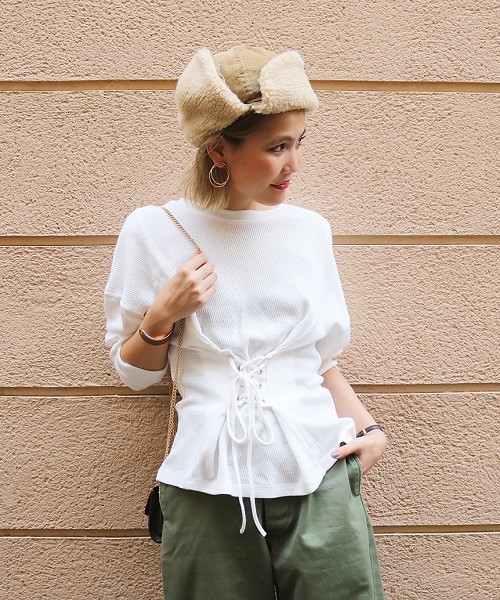 TODAYFUL（トゥデイフル）の「コルセットベルトサーマル（Tシャツ/カットソー・レディース・ネイビー/オフホワイト・FREE）」の4枚目の写真