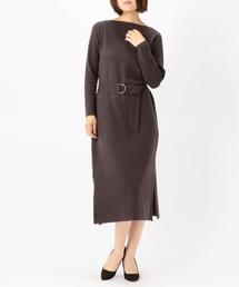 ベルト付きボートネックニットワンピース