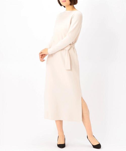 Liesse（リエス）の「ベルト付きボートネックニットワンピース（ワンピース・レディース・スミクロ/アイボリー/マスタード・FREE）」の2枚目の写真