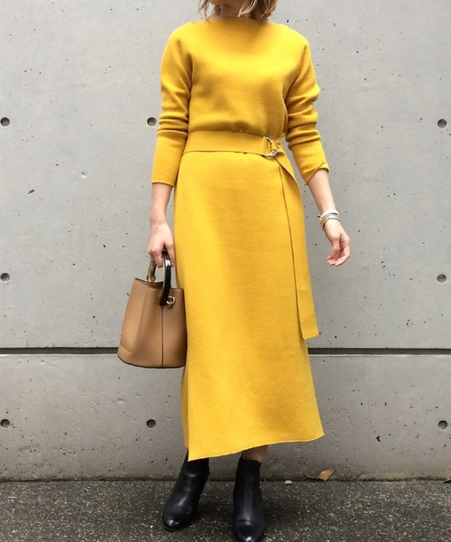 Liesse（リエス）の「ベルト付きボートネックニットワンピース（ワンピース・レディース・スミクロ/アイボリー/マスタード・FREE）」の3枚目の写真