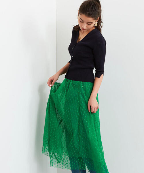 EMMEL REFINES(エメルリファインズ)の「【EMMEL REFINES】〔ハンドウォッシャブル〕SMF H/W ドットチュールスカート(スカート・レディース・ネイビー/グリーン・M/S)」の1枚目の写真