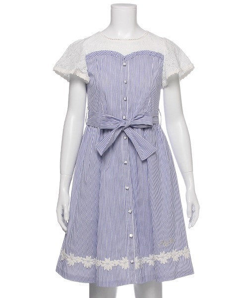 登場 ストライプ レース半袖ドッキングワンピース 人気一番