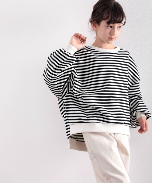 classicalelf(クラシカルエルフ)の「キッズ ゆったりルーズシルエット バルーンスリーブボーダー柄or無地トレーナー(長袖)(スウェット・キッズ・ベージュ/ブラック系その他/ブラウン系その他/アイボリー・130/140/150)」の5枚目の写真