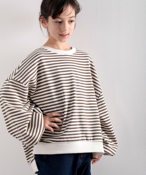 classicalelf(クラシカルエルフ)の「キッズ ゆったりルーズシルエット バルーンスリーブボーダー柄or無地トレーナー(長袖)(スウェット・キッズ・ベージュ/ブラック系その他/ブラウン系その他/アイボリー・130/140/150)」の10枚目の写真