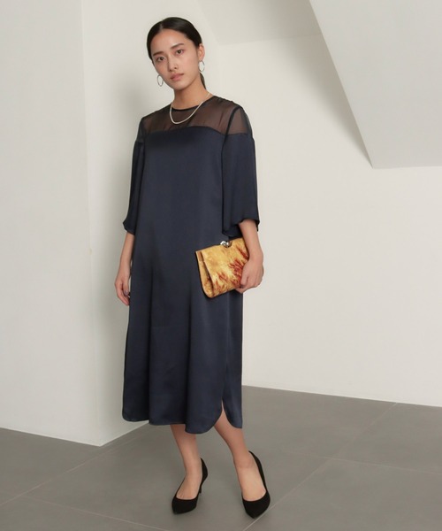 低身長向けサイズ Auli アウリィ のドレス ドレス ワンピース ドレス Auli アウリィ のファッション 袖フレアサテン切替ワンピース ドレス 新しい購入体験 の