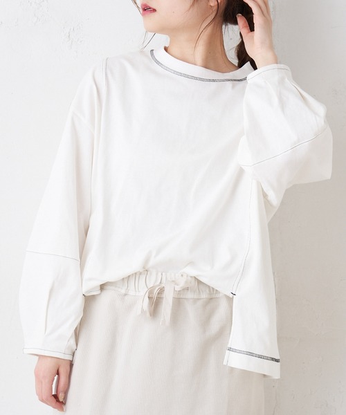PUAL CE CIN(ピュアルセシン)の「配色ステッチプルオーバー(Tシャツ/カットソー・レディース・ブルー/ピンク系その他/ホワイト/チャコールグレー・FREE)」の2枚目の写真