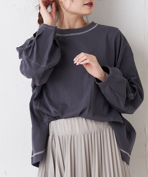 PUAL CE CIN(ピュアルセシン)の「配色ステッチプルオーバー(Tシャツ/カットソー・レディース・ブルー/ピンク系その他/ホワイト/チャコールグレー・FREE)」の7枚目の写真
