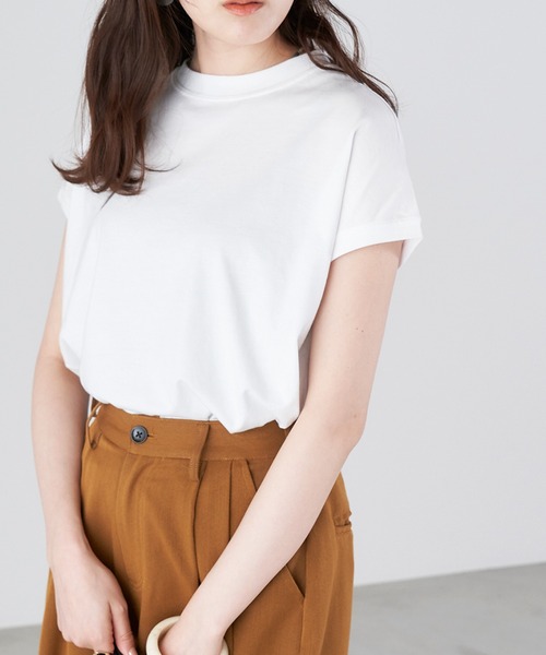 Chaco closet(チャコ クローゼット)の「モックネックフレンチスリーブTシャツ(Tシャツ/カットソー・レディース・ホワイト/ブラック/ベージュ/ネイビー/ブラウン/ピンク・FREE)」の2枚目の写真