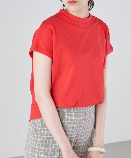 Chaco closet(チャコ クローゼット)の「モックネックフレンチスリーブTシャツ(Tシャツ/カットソー・レディース・ホワイト/ブラック/ベージュ/ネイビー/ブラウン/ピンク・FREE)」の6枚目の写真