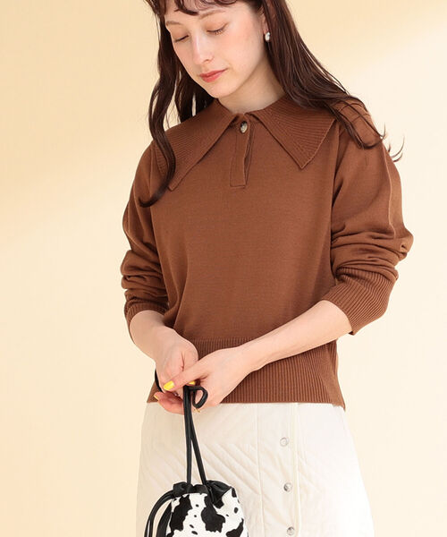 Ray BEAMS(レイビームス)の「Ray BEAMS / ビッグカラー ニットポロ(ニット/セーター・レディース・ブラウン/オフホワイト/ブラック・ONE SIZE)」の3枚目の写真