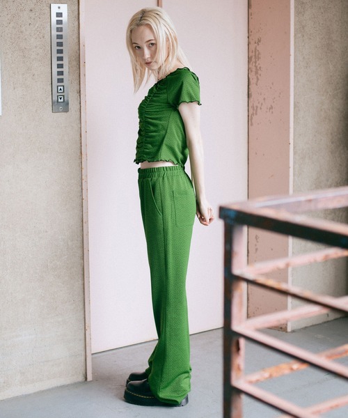 X-girl（エックスガール）の「JACQUARD JERSEY FLARE PANTS（その他パンツ・レディース・ブラウン/グリーン・S/M/XS）」の9枚目の写真