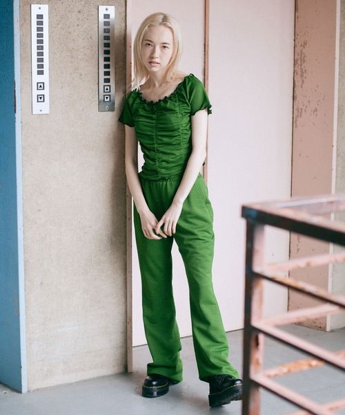 X-girl（エックスガール）の「JACQUARD JERSEY FLARE PANTS（その他パンツ・レディース・ブラウン/グリーン・S/M/XS）」の12枚目の写真