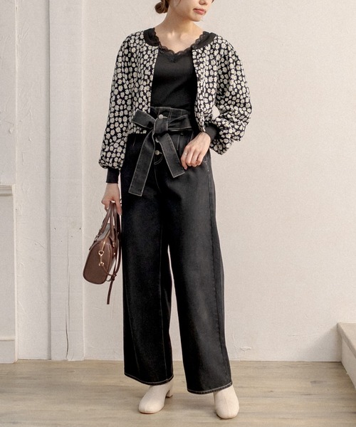 OLIVE des OLIVE（オリーブデオリーブ）の「ジャガードのかわいい長袖カーディガン（カーディガン/ボレロ・レディース・ブラック/ベージュ/スミクロ・FREE）」の5枚目の写真