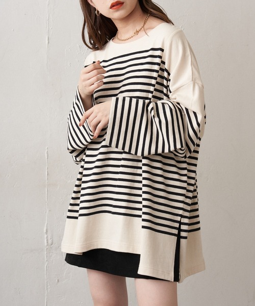 Chico（チコ）の「【新色追加】ルーズボーダーアシメロンT（Tシャツ/カットソー・レディース・ホワイト/ブラウン/グリーン/ブラック/ピンク系その他2/ブルー系その他2・FREE）」の2枚目の写真