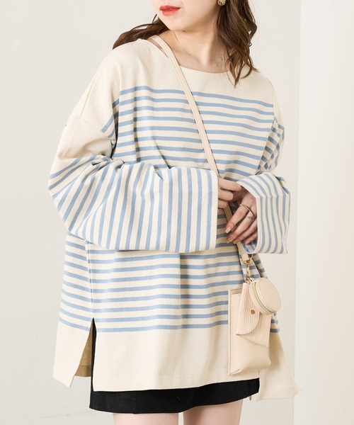 Chico（チコ）の「【新色追加】ルーズボーダーアシメロンT（Tシャツ/カットソー・レディース・ホワイト/ブラウン/グリーン/ブラック/ピンク系その他2/ブルー系その他2・FREE）」の5枚目の写真