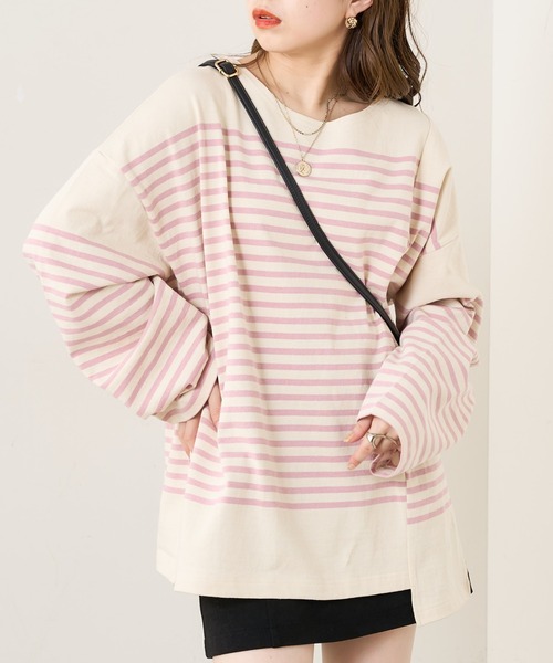 Chico（チコ）の「【新色追加】ルーズボーダーアシメロンT（Tシャツ/カットソー・レディース・ホワイト/ブラウン/グリーン/ブラック/ピンク系その他2/ブルー系その他2・FREE）」の6枚目の写真