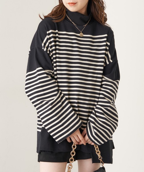 Chico（チコ）の「【新色追加】ルーズボーダーアシメロンT（Tシャツ/カットソー・レディース・ホワイト/ブラウン/グリーン/ブラック/ピンク系その他2/ブルー系その他2・FREE）」の3枚目の写真