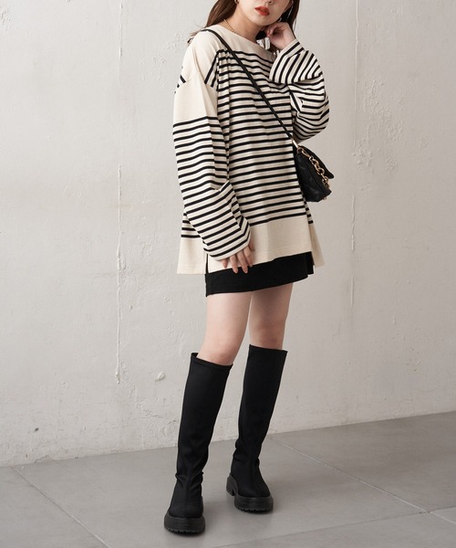 Chico（チコ）の「【新色追加】ルーズボーダーアシメロンT（Tシャツ/カットソー・レディース・ホワイト/ブラウン/グリーン/ブラック/ピンク系その他2/ブルー系その他2・FREE）」の7枚目の写真