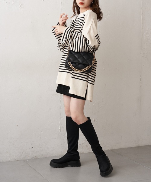 Chico（チコ）の「【新色追加】ルーズボーダーアシメロンT（Tシャツ/カットソー・レディース・ホワイト/ブラウン/グリーン/ブラック/ピンク系その他2/ブルー系その他2・FREE）」の8枚目の写真