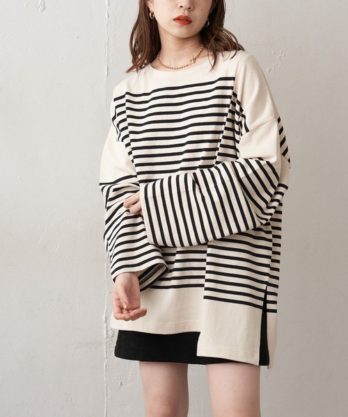 Chico（チコ）の「【新色追加】ルーズボーダーアシメロンT（Tシャツ/カットソー・レディース・ホワイト/ブラウン/グリーン/ブラック/ピンク系その他2/ブルー系その他2・FREE）」の10枚目の写真