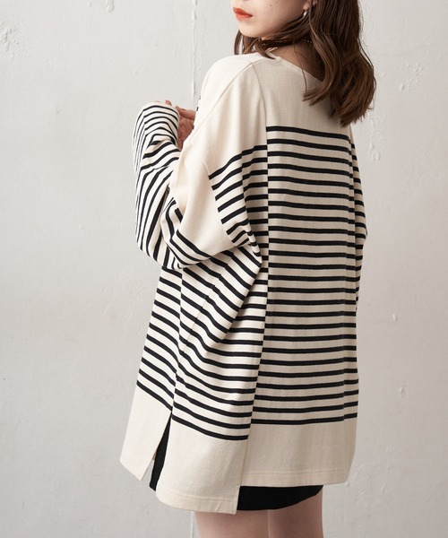 Chico（チコ）の「【新色追加】ルーズボーダーアシメロンT（Tシャツ/カットソー・レディース・ホワイト/ブラウン/グリーン/ブラック/ピンク系その他2/ブルー系その他2・FREE）」の11枚目の写真