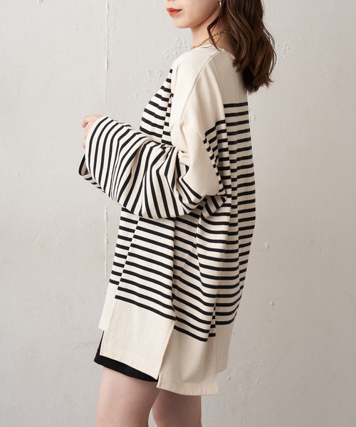 Chico（チコ）の「【新色追加】ルーズボーダーアシメロンT（Tシャツ/カットソー・レディース・ホワイト/ブラウン/グリーン/ブラック/ピンク系その他2/ブルー系その他2・FREE）」の22枚目の写真