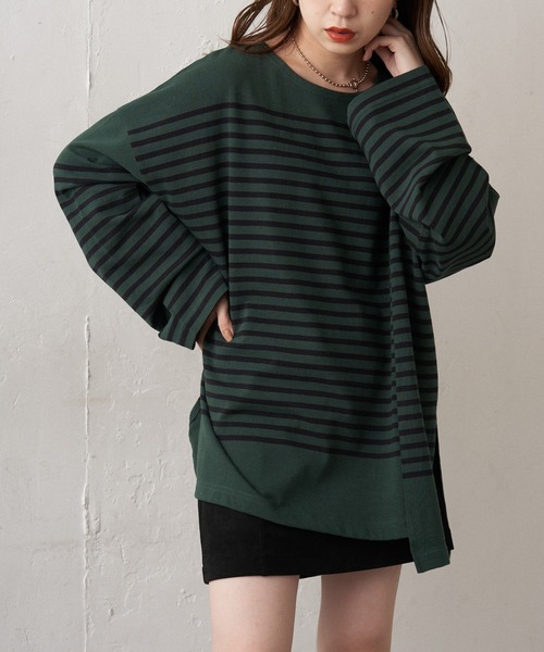 Chico（チコ）の「【新色追加】ルーズボーダーアシメロンT（Tシャツ/カットソー・レディース・ホワイト/ブラウン/グリーン/ブラック/ピンク系その他2/ブルー系その他2・FREE）」の18枚目の写真