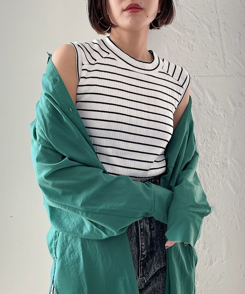 PAGEBOY(ページボーイ)の「ランダムテレコハイネックフレンチスリーブ(タンクトップ・レディース・オフホワイト/ホワイト×ブラック/ブラック・FREE)」の3枚目の写真