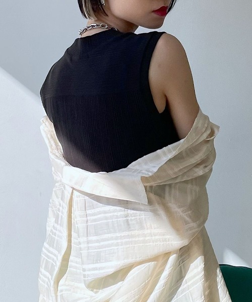 PAGEBOY(ページボーイ)の「ランダムテレコハイネックフレンチスリーブ(タンクトップ・レディース・オフホワイト/ホワイト×ブラック/ブラック・FREE)」の1枚目の写真