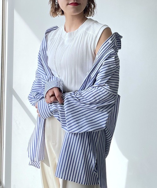 PAGEBOY(ページボーイ)の「ランダムテレコハイネックフレンチスリーブ(タンクトップ・レディース・オフホワイト/ホワイト×ブラック/ブラック・FREE)」の4枚目の写真