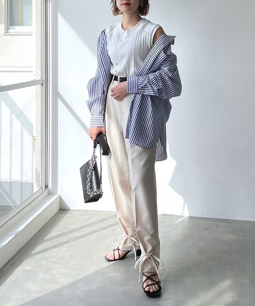 PAGEBOY(ページボーイ)の「ランダムテレコハイネックフレンチスリーブ(タンクトップ・レディース・オフホワイト/ホワイト×ブラック/ブラック・FREE)」の7枚目の写真