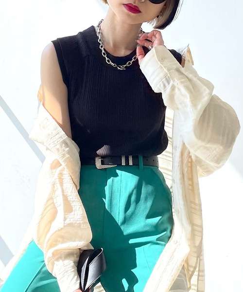 PAGEBOY(ページボーイ)の「ランダムテレコハイネックフレンチスリーブ(タンクトップ・レディース・オフホワイト/ホワイト×ブラック/ブラック・FREE)」の19枚目の写真