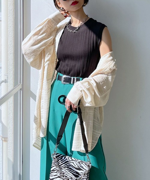 PAGEBOY(ページボーイ)の「ランダムテレコハイネックフレンチスリーブ(タンクトップ・レディース・オフホワイト/ホワイト×ブラック/ブラック・FREE)」の11枚目の写真