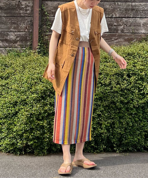 fredy emue(フレディエミュ)の「マルチストライプ ニットソースカート(スカート・レディース・ブルー系その他7/グリーン系その他3/ベージュ系その他3・38)」の1枚目の写真