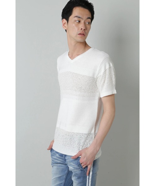 BLUE TORNADO（ブルートルネード）の「BLUE TORNADO∴異素材ボーダーVネック半袖ニット（ニット/セーター・メンズ・アイボリー/ブラック・M）」の2枚目の写真