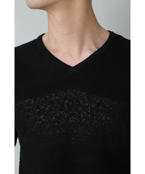 BLUE TORNADO（ブルートルネード）の「BLUE TORNADO∴異素材ボーダーVネック半袖ニット（ニット/セーター・メンズ・アイボリー/ブラック・M）」の8枚目の写真