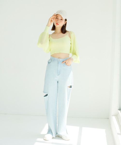 one after another NICE CLAUP（ワンアフターアナザーナイスクラップ）の「ダメージワイドデニムパンツ（デニムパンツ・レディース・ブルー/オフホワイト/ライトブルー・MEDIUM/SMALL）」の7枚目の写真