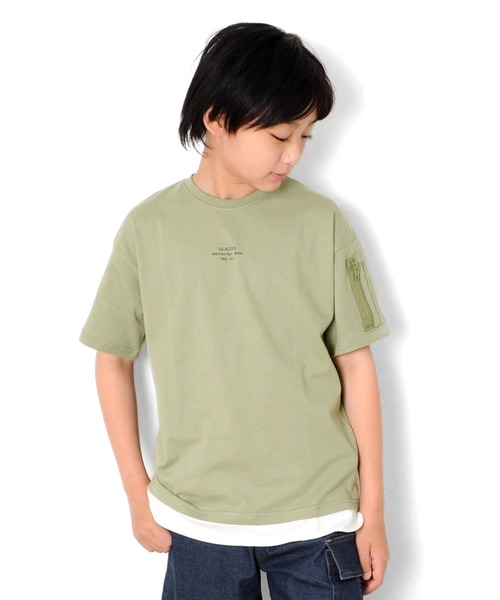 GLAZOS（グラソス）の「天竺・ドロップショルダー袖ポケット裾レイヤード半袖Tシャツ（Tシャツ/カットソー・キッズ・ライトブルー/チャコールグレー/ライトカーキ・140cm/170cm/160cm/130cm/150cm）」の2枚目の写真