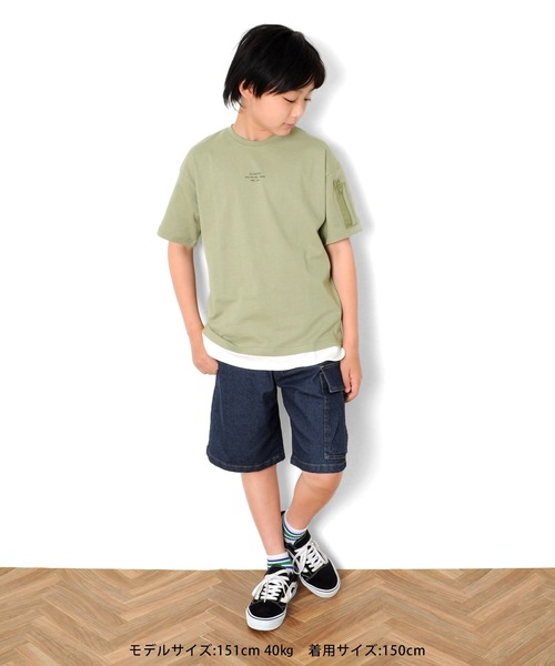 GLAZOS（グラソス）の「天竺・ドロップショルダー袖ポケット裾レイヤード半袖Tシャツ（Tシャツ/カットソー・キッズ・ライトブルー/チャコールグレー/ライトカーキ・140cm/170cm/160cm/130cm/150cm）」の7枚目の写真