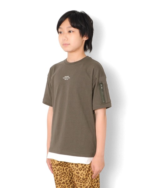 GLAZOS（グラソス）の「天竺・ドロップショルダー袖ポケット裾レイヤード半袖Tシャツ（Tシャツ/カットソー・キッズ・ライトブルー/チャコールグレー/ライトカーキ・140cm/170cm/160cm/130cm/150cm）」の8枚目の写真
