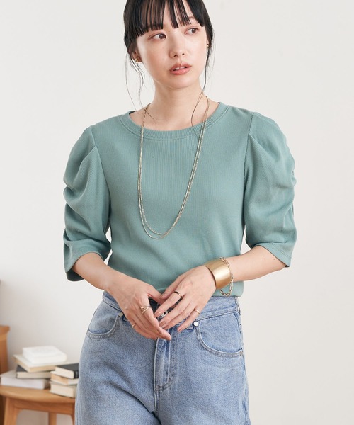 earth music&ecology（アースミュージックアンドエコロジー）の「袖シャーリングカットプルオーバー（Tシャツ/カットソー・レディース・ミント/オフホワイト/ピンク/ブラック・M/S）」の4枚目の写真