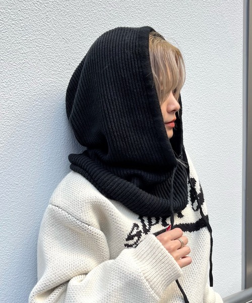 WHO'S WHO gallery（フーズフーギャラリー）の「リブ編みバラクラバ（ニットキャップ/ビーニー・レディース・チャコールグレー/ブラック・FREE）」の2枚目の写真