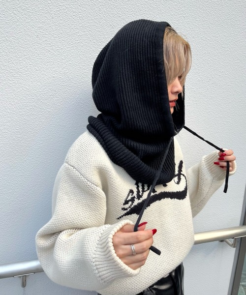 WHO'S WHO gallery（フーズフーギャラリー）の「リブ編みバラクラバ（ニットキャップ/ビーニー・レディース・チャコールグレー/ブラック・FREE）」の3枚目の写真